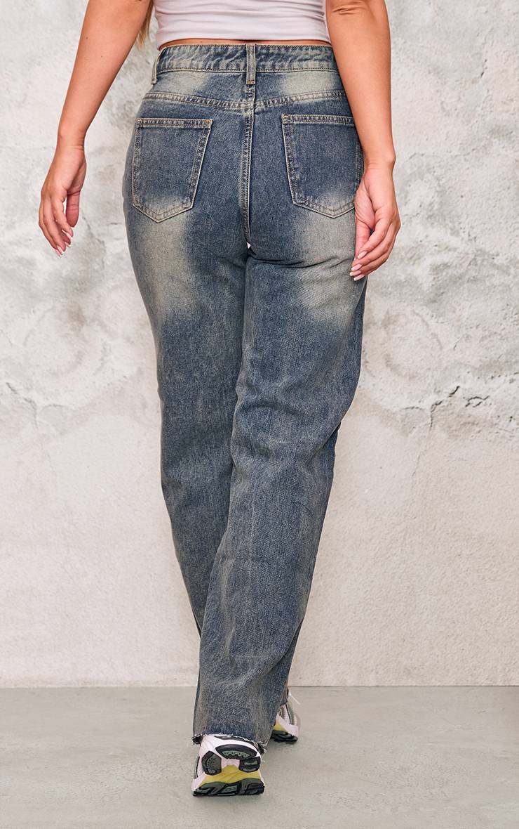 Indigo Vintage Wash Jean Droit À Ourlet Effiloché