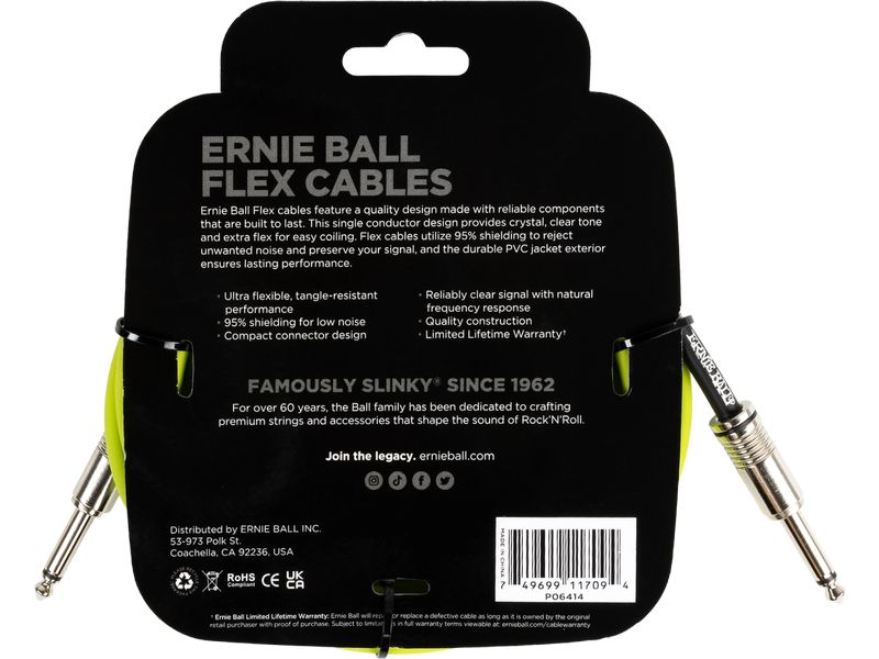 Ernie Ball Instrumentenkabel Flex 6414 – 3.05 m, Grün Flexibles Standardkabel für Instrumente