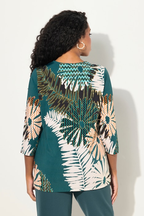 Slinkyshirt, Blüten, A-Linie, V-Ausschnitt, 3/4-Arm