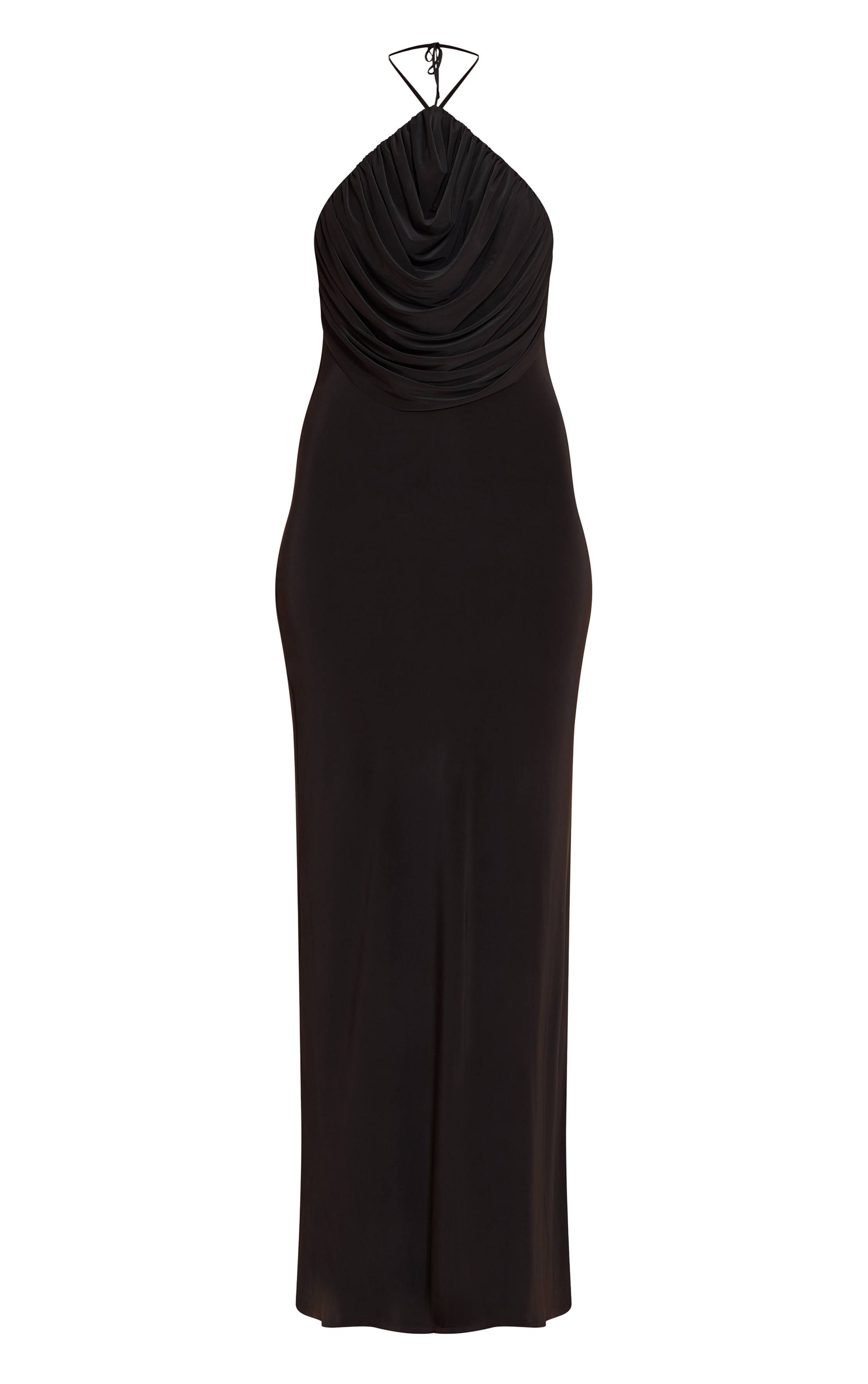 Noir Robe Longue Drapée En Tissu Satiné À Col Licou