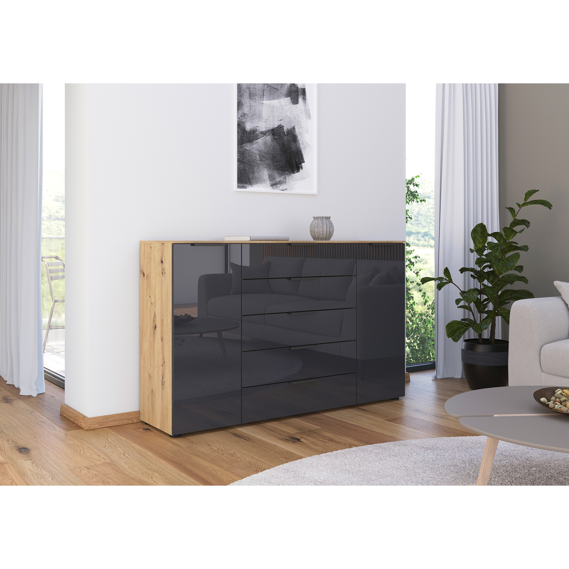 Kommode - Artisan Eiche-Basaltglas - Graphitgriffe - 160 cm
