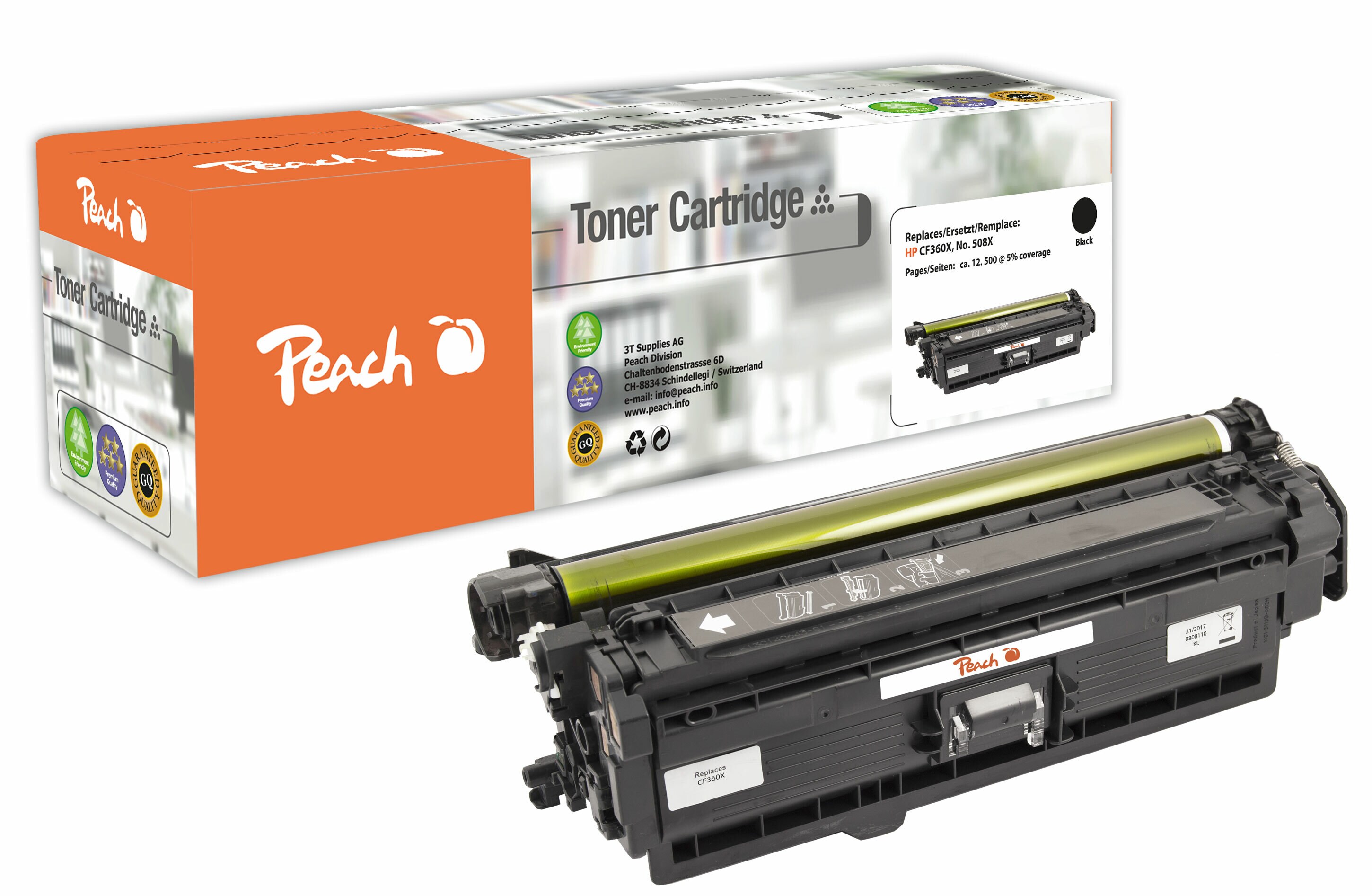 Peach HP 508 XBK Toner XL bk ersetzt HP No. 508X BK, CF360X für z.B. HP Color LaserJet Enterprise Flow MFP M 577 c, HP Color LaserJet Managed M 550 (wiederaufbereitet)