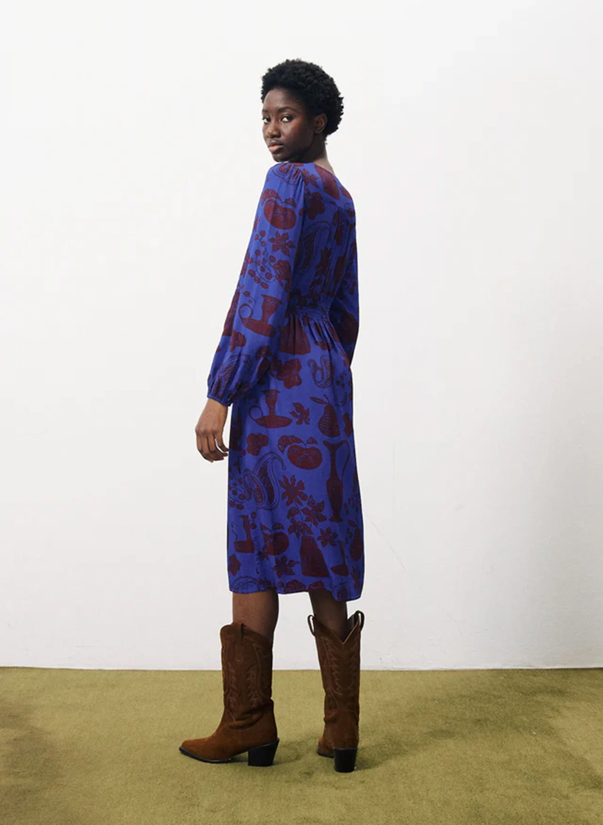 WENDY - Robe midi col V imprimée | Multicolore