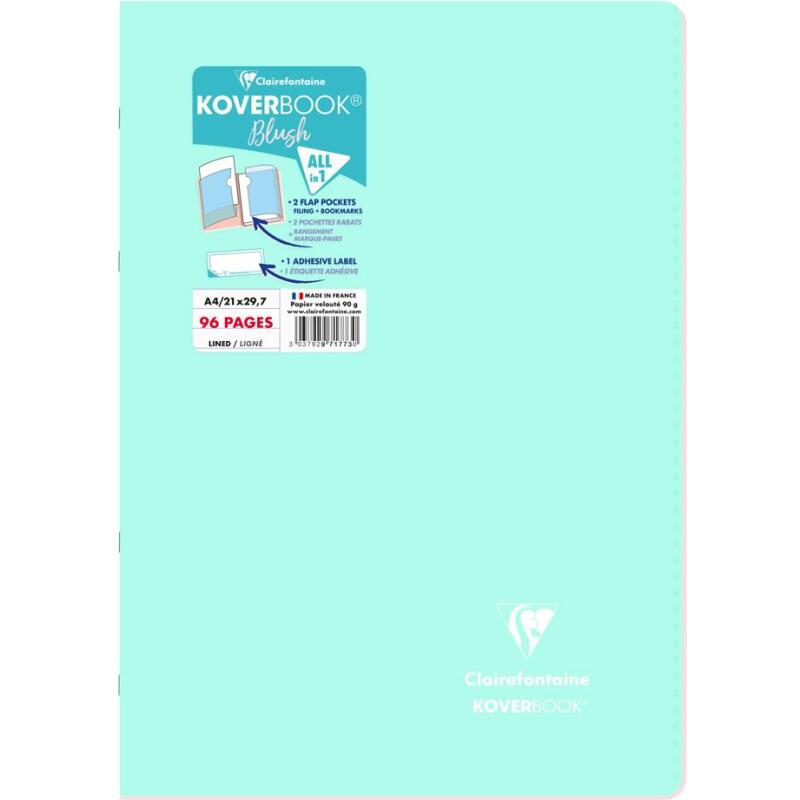 Cahier piqué Koverbook Blush A4 96 pages ligné couverture polypropylène opaque bicolore - Menthe à l'eau/Rose poudré