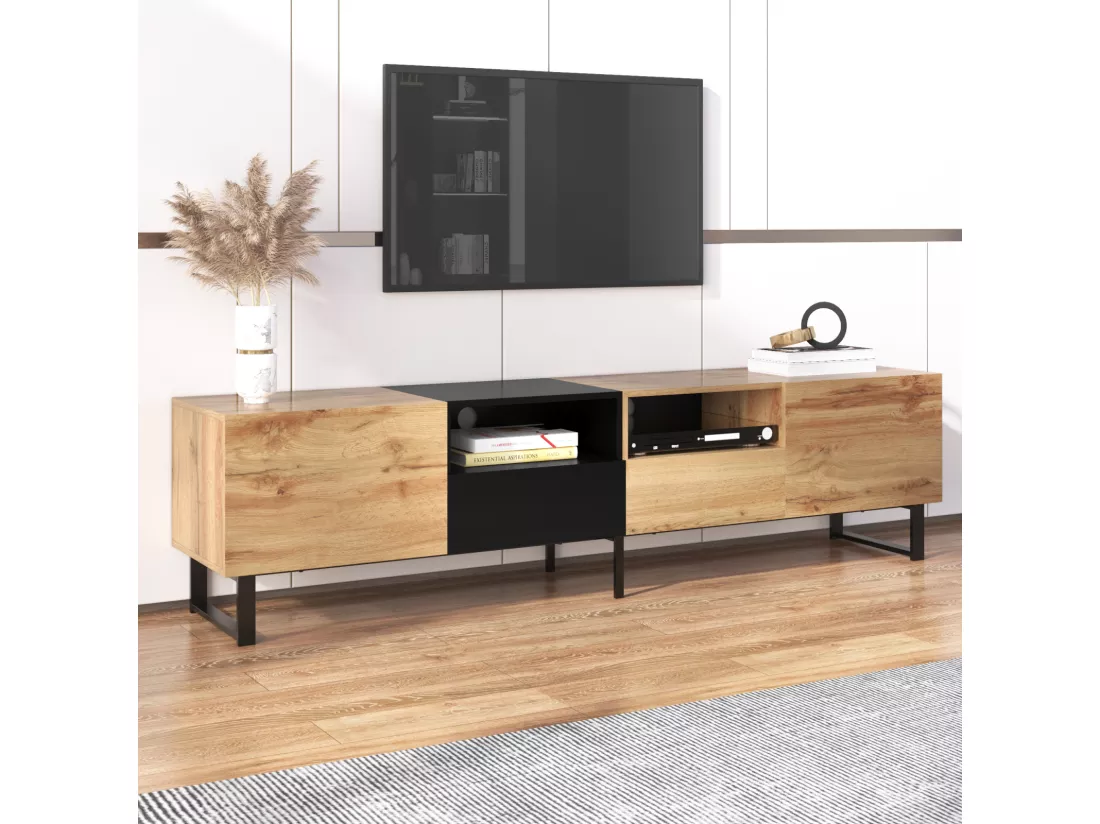 Meuble TV 190cm, avec 2 tiroir, 2 portes, 2 compartiment ouvert, style scandinave, Commode TV en chêne sauvage - Marron