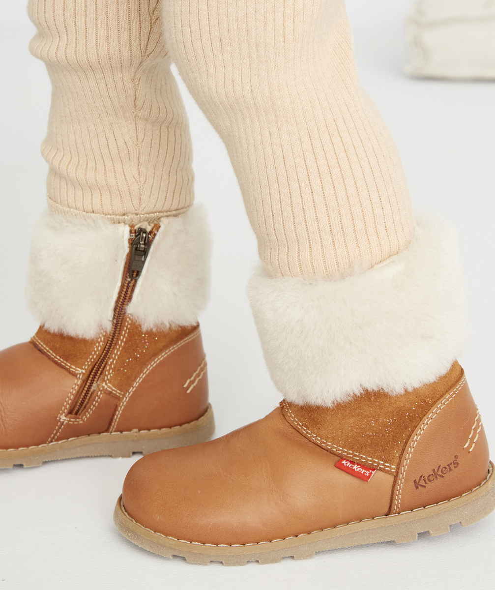 KICKERSBOTTINES BÉBÉ FILLE EN CUIR CAMEL BRILLANT ET FOURRURE