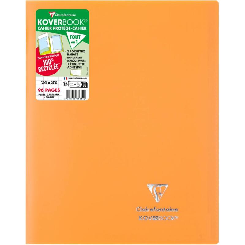 Cahier piqué Koverbook 24x32 cm 96 pages petits carreaux couverture polypropylène opaque 100% recyclé - Assortis