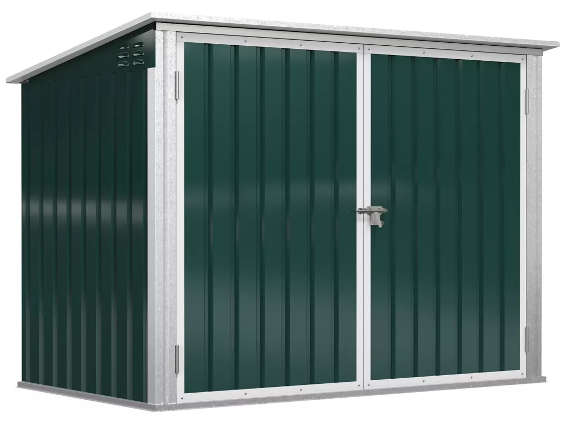Abri de poubelle jardin - cache poubelle - 2 portes verrouillables, toit ouvrant - tôle d'acier blanc vert