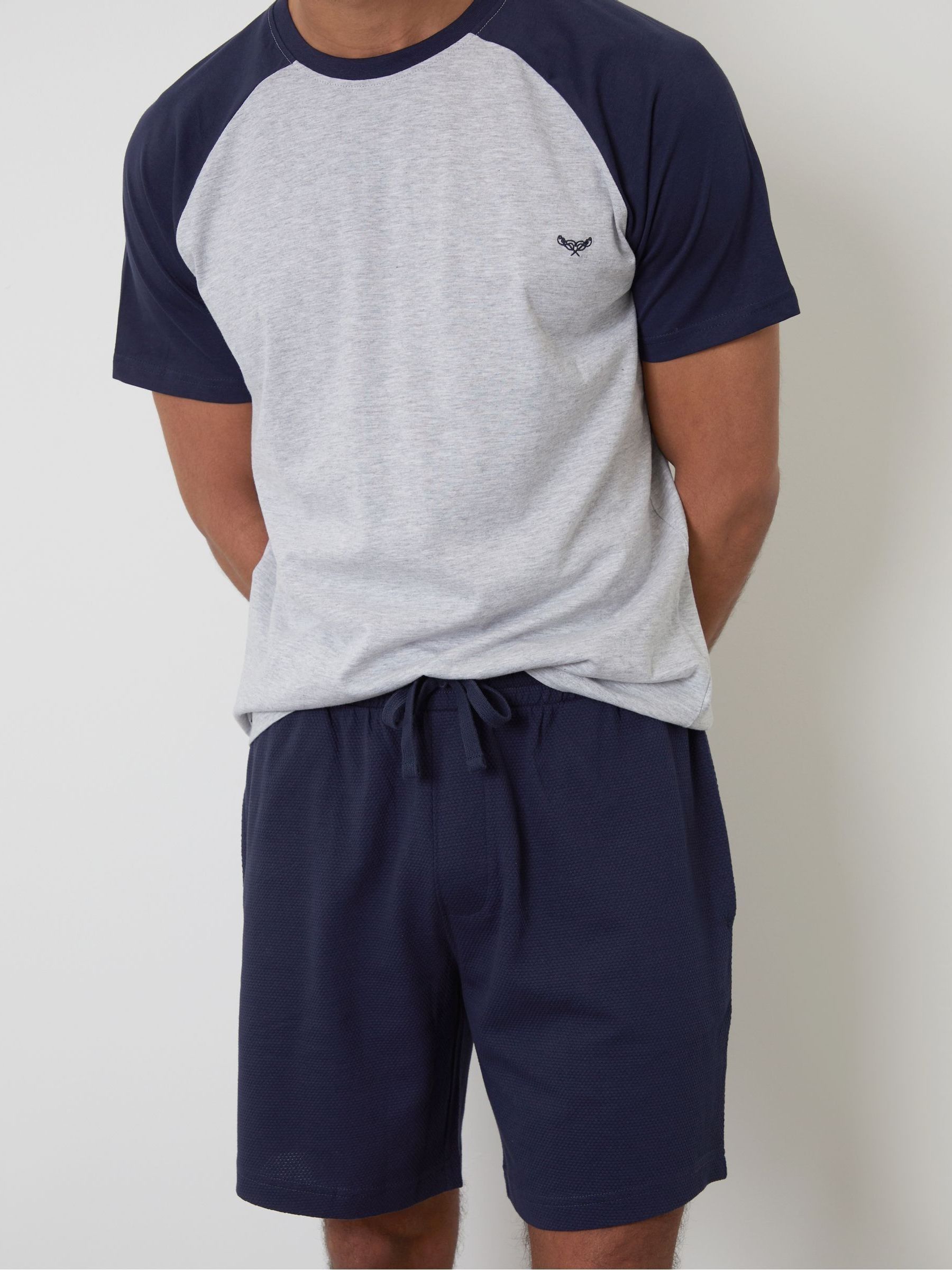 Marineblauw - Threadbare Textured Shortie 100% Cotton Pyjamas Set