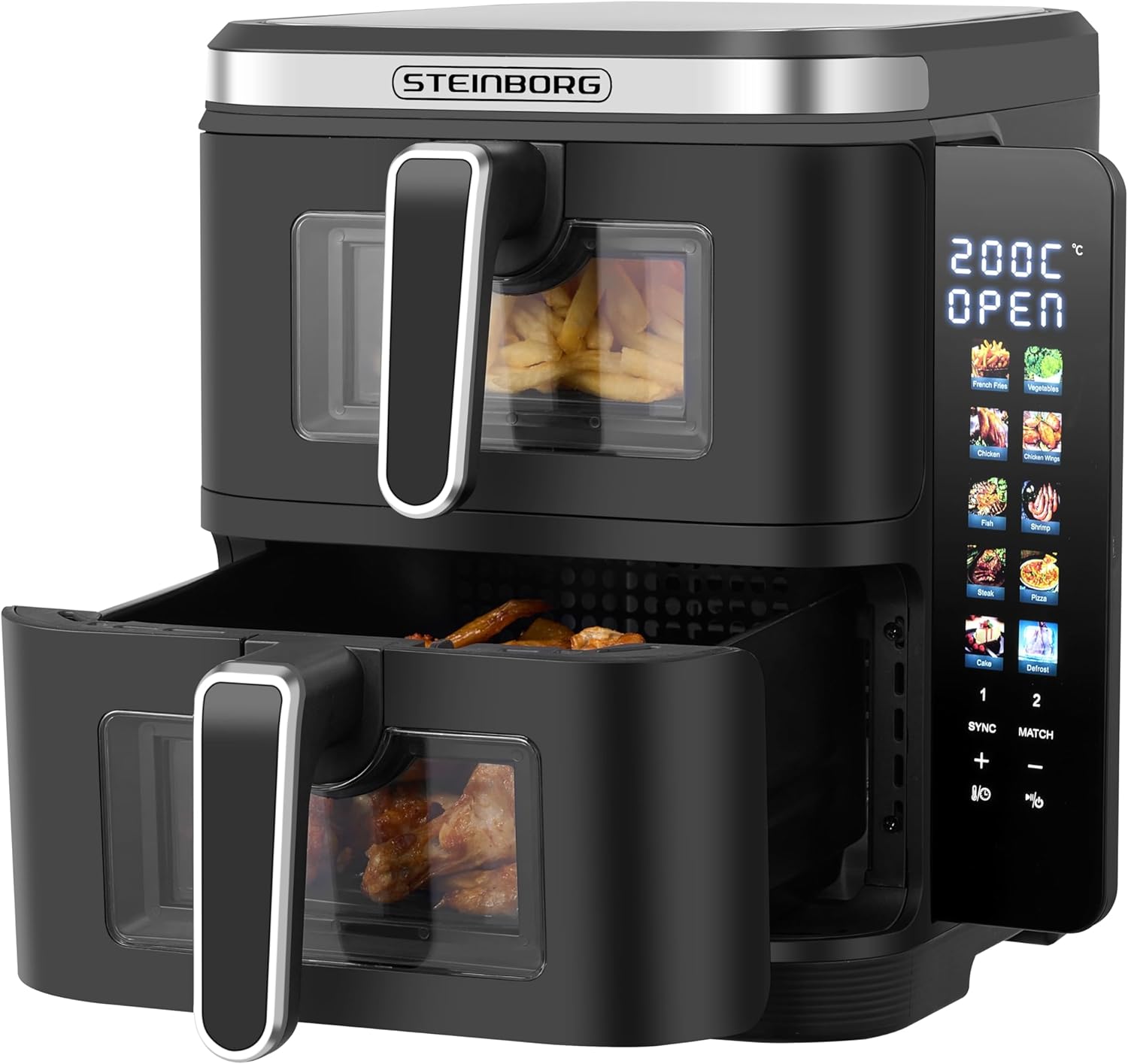 Steinborg® Heissluftfritteuse Doppelkammer 11 Liter Heißluft-Frittieren Heißluftfritteuse 2 vertikale Schubladen 5,5L+5,5L Grillen Backen Dörren Frittieren Friteuse ohne Öl Heißluftofen Heißluftgrill