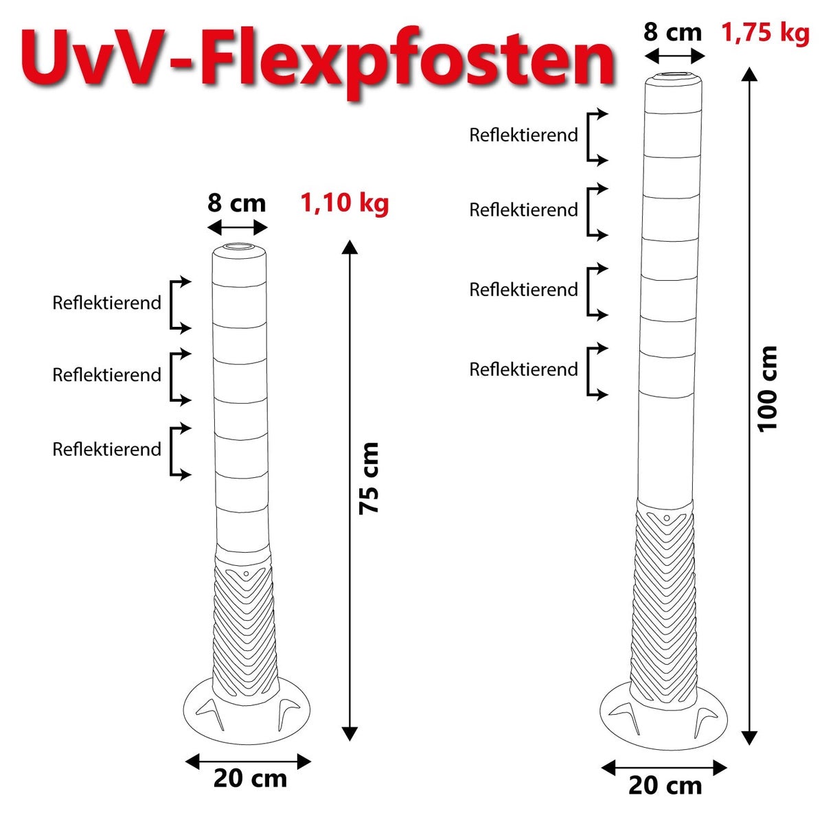 5 flexibele paaltjes/afzetpalen, wit met zwarte reflecterende folie, zelfoprichtend, inclusief bevestigingsmateriaal, 100cm