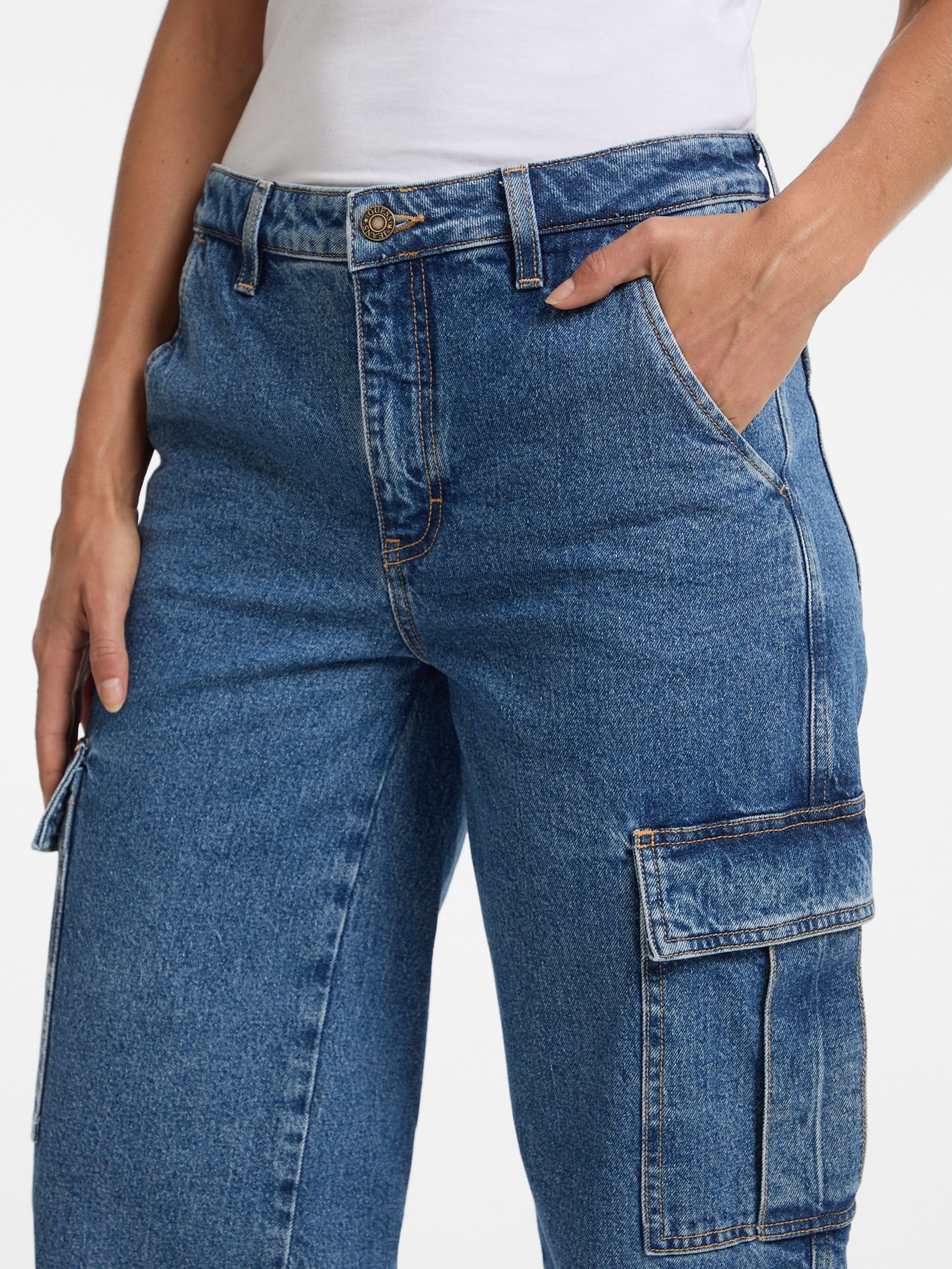 Calça jeans cargo reta G10