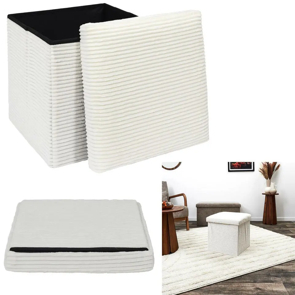 Home Deco Factory Poefje - opbergbox - rib - wit - 38 x 38cm