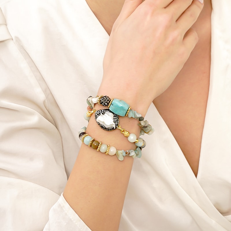 Bracelet - Laiton plaque or & amazonite