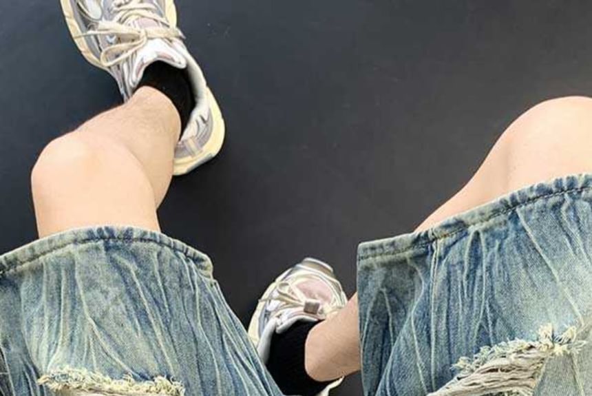 Fushet - Mid Rise Washed Distressed Denim Wijde Pijpen Jorts