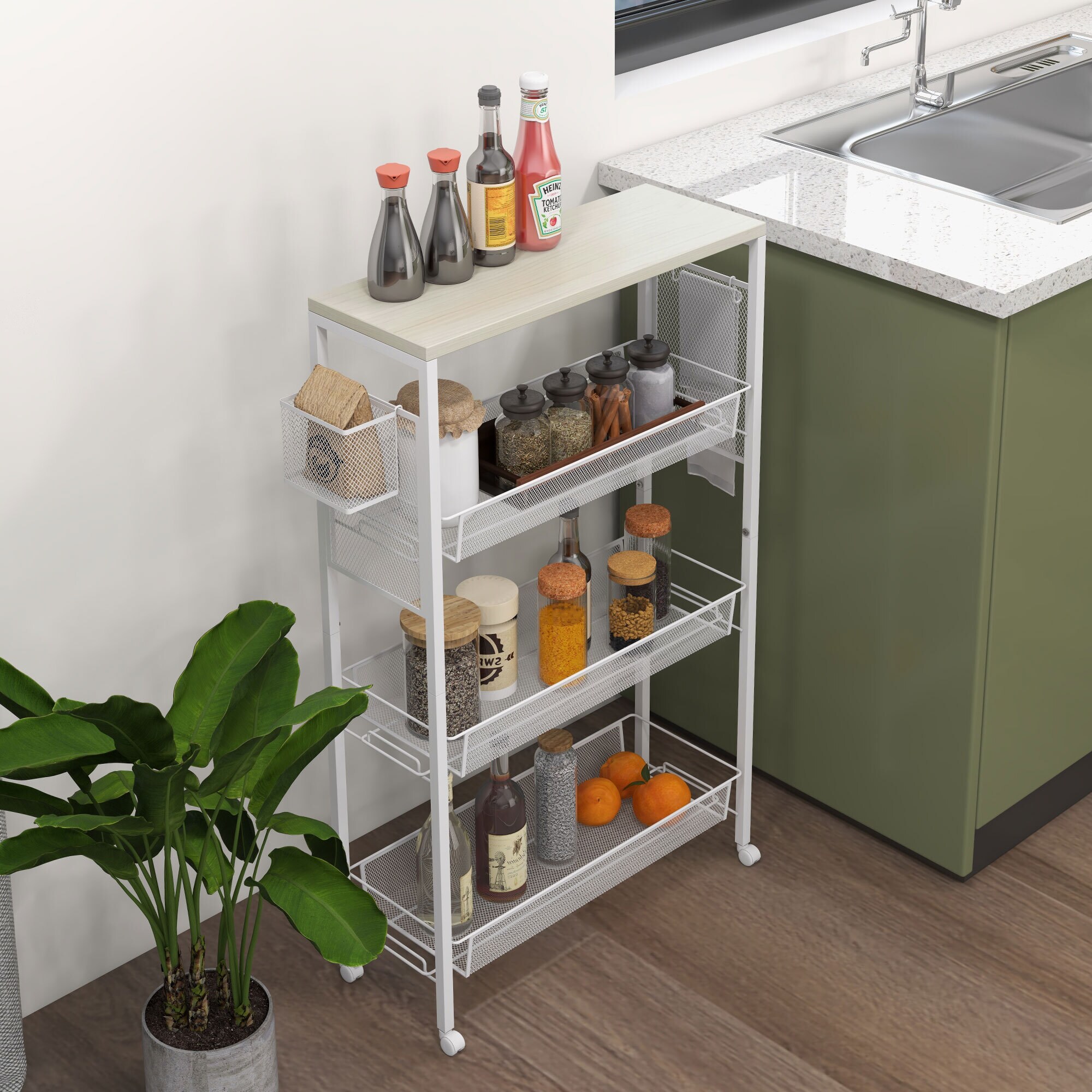 HOMCOM Küchenwagen mit Haken und 4 Ebenen weiß 58L x 18,5B x 87H cm