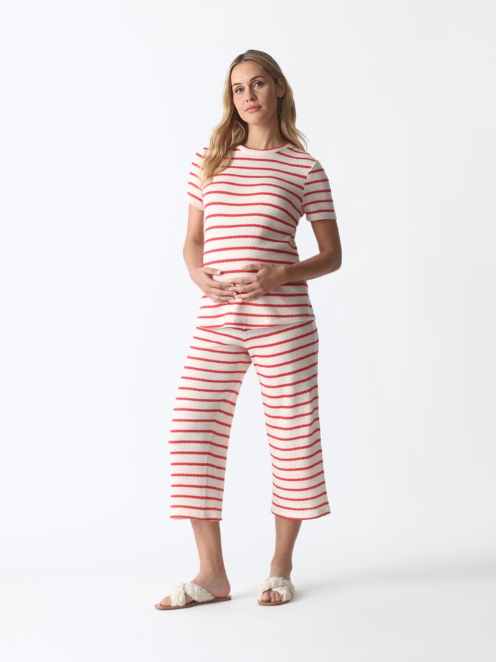 Calças de maternidade, malha cropped - Branco/vermelho