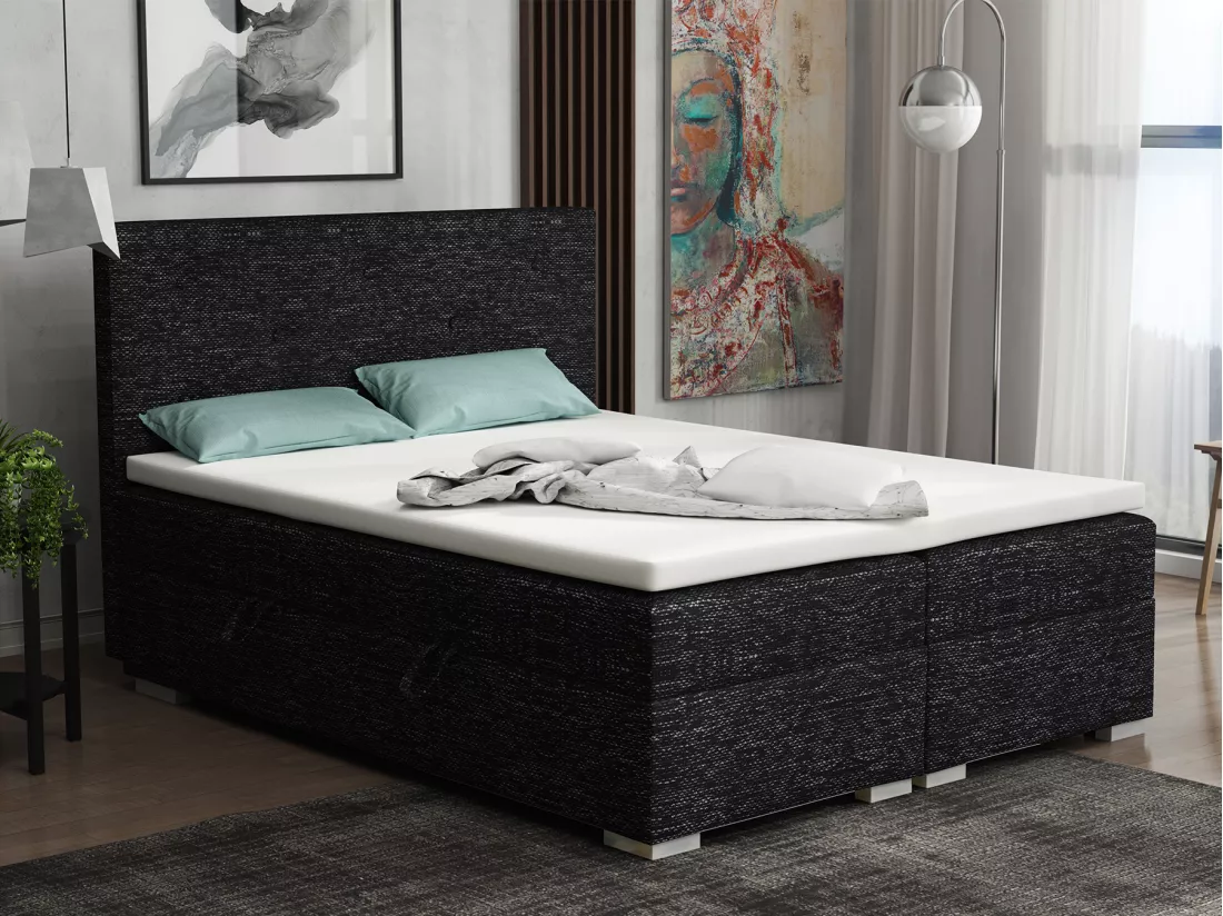 Lit Boxspring avec tiroirs de lit, Coffre de lit Topper Atlanta 200x200 cm, Berlin 02 (Noir et blanc mélangés)