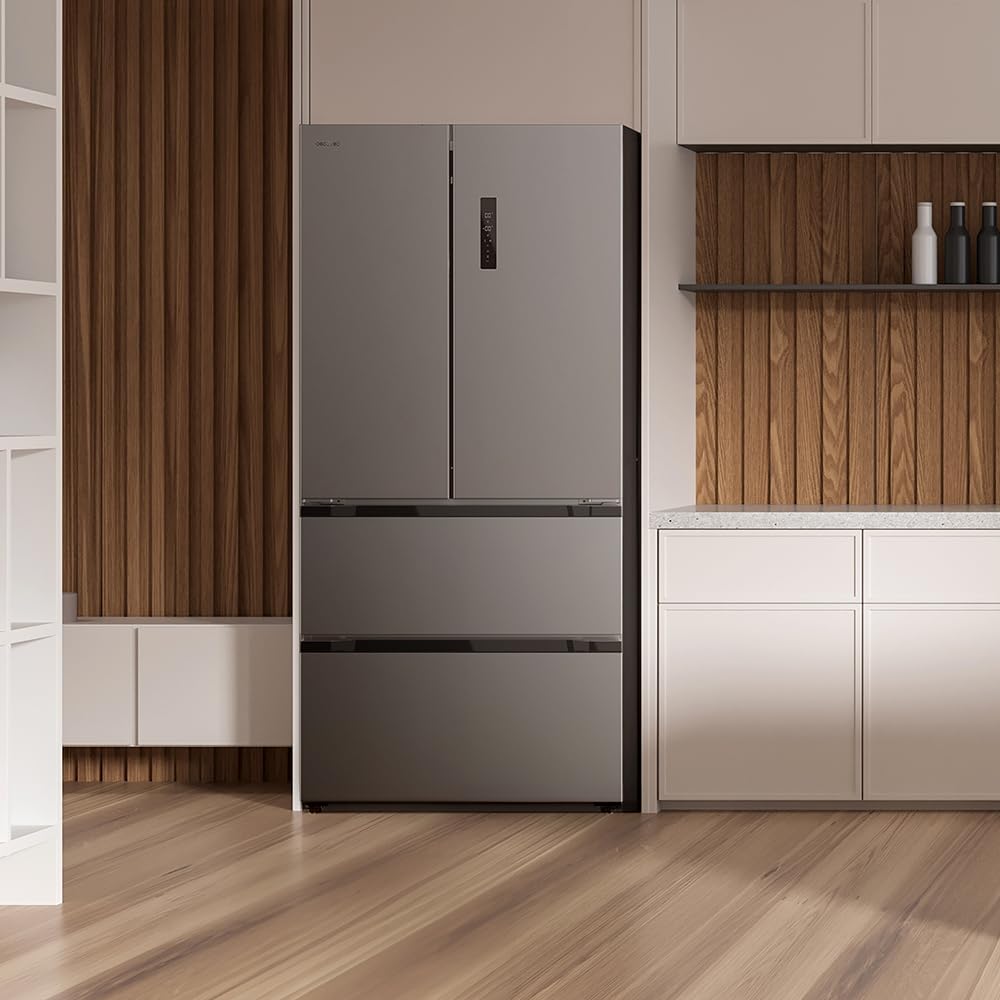 Cecotec Réfrigérateur Porte Française Inox 436L Bolero CoolMarket FD 436 Inox E, 183 x 83,6 cm, Basse Consommation, Compresseur Inverter Plus, Total N