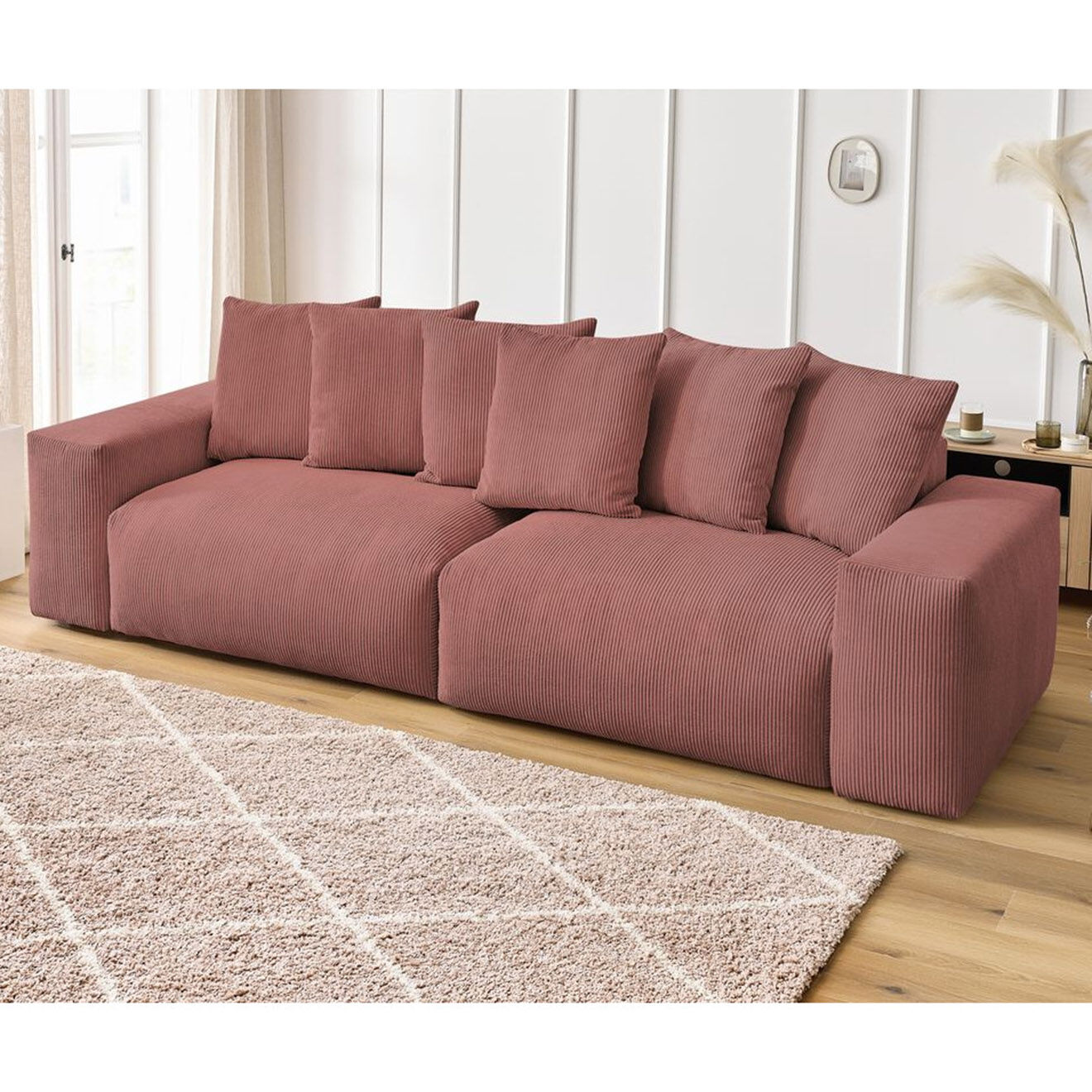 Bobochic Canapé 4 places moelleux voltaire velours côtelé rose - 320x124x75 cm