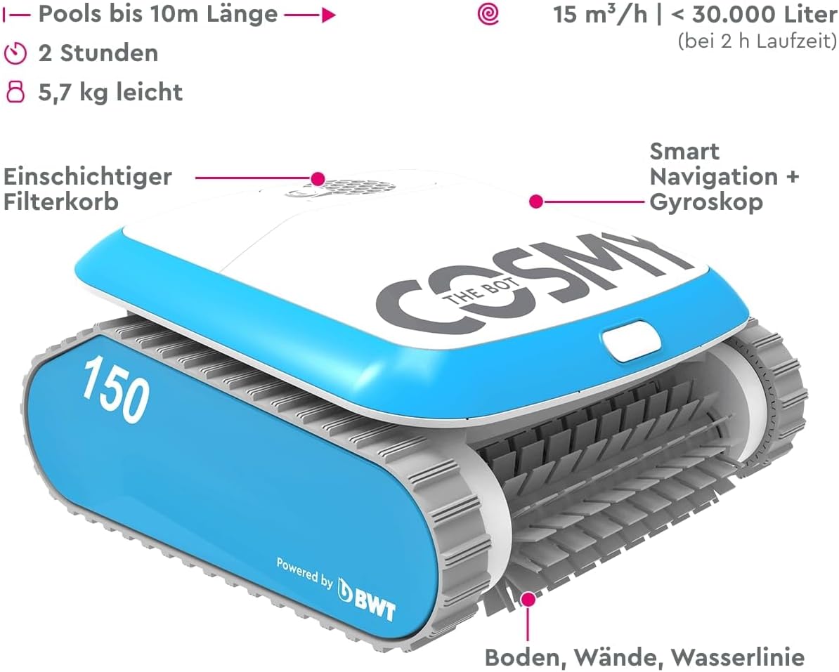 BWT Poolroboter Cosmy 150 | besonders Leicht & Kompakt | für Pools mit Einer Länge bis zu 10 m | Zuverlässige Reinigung von Boden, Wand & Wasserlinie | 16m Kabellänge | Poolsauger