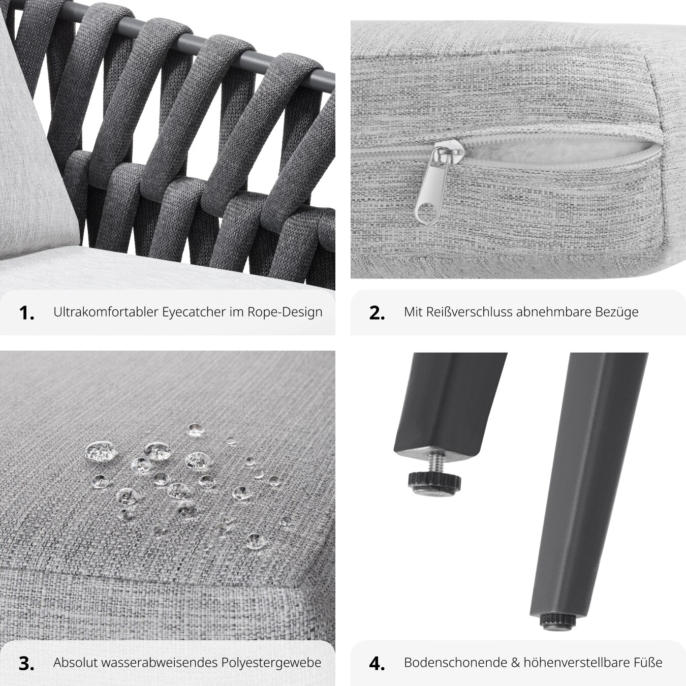 tectake® Stuhl, mit Aluminiumgestell, im Rope-Design, höhenverstellbare Kunststofffüße, 61 x 60 x 73 cm