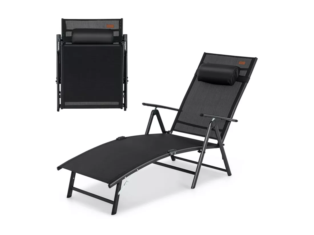 Chaise Longue Pliante, Transat Inclinable Portable avec Dossier Réglable sur 7 Positions, Bain de Soleil avec Accoudoir, Repose-Tête, Extérieur pour Piscine, Jardin, Balcon (Noir)