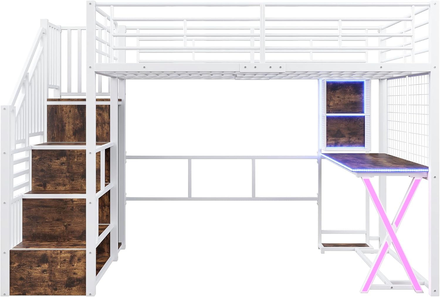 LED Hochbett 140x200 cm mit Schreibtisch, Bücherregal, Treppe und Kleiderschrank, Etagenbett mit Lattenrost, Funktionsbett Metallbett Spielbett Kinderhochbett Jugendhochbett, ohne Matratze, Weiß