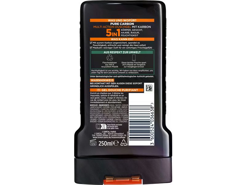L'Oréal Men Expert Duschgel Carbon Clean 250 ml 5in1 Waschgel speziell für Männer reinigt intensiv und ist zur Rasur geeignet