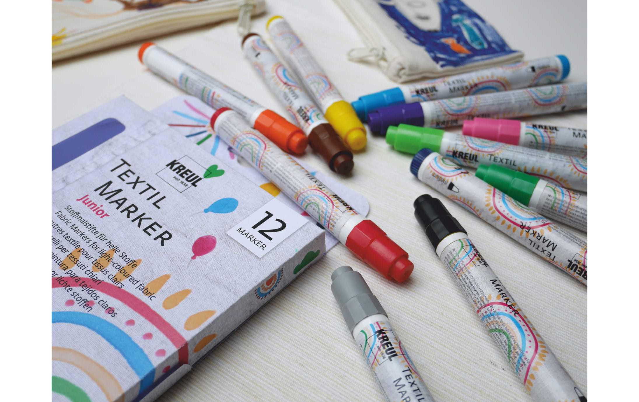 Textilmarker medium Junior 12er SetStoffmalstifte, mit denen Kinder ohne Schütteln, Pumpen sofort malen