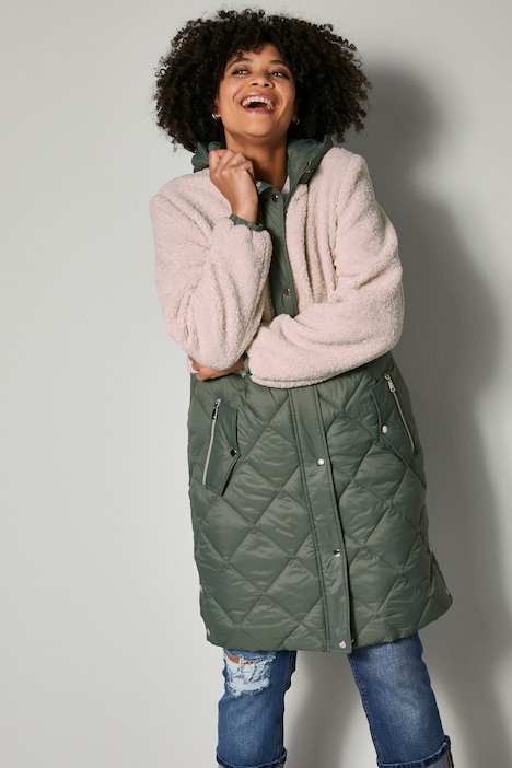 Steppjacke, Materialmix, Kapuze, Zipper, Seitenschlitze