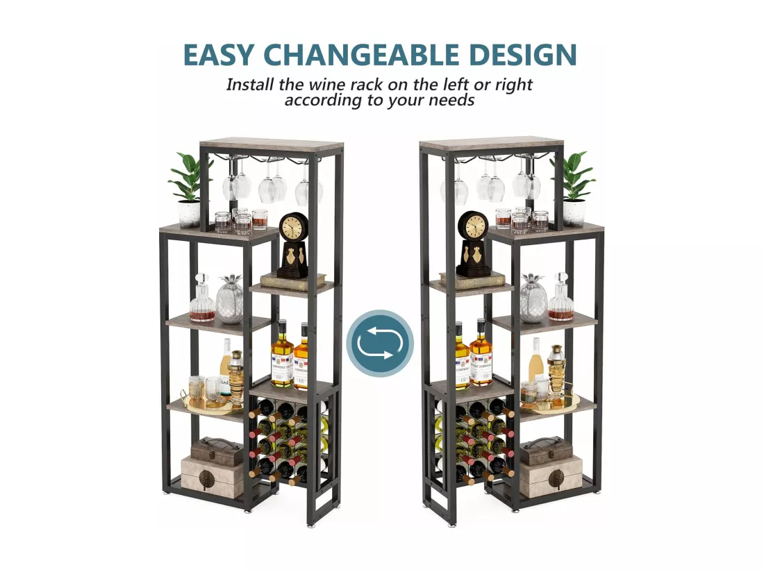 Étagère à vin autoportante à 5 niveaux avec support pour verres et rangement de vin, gris