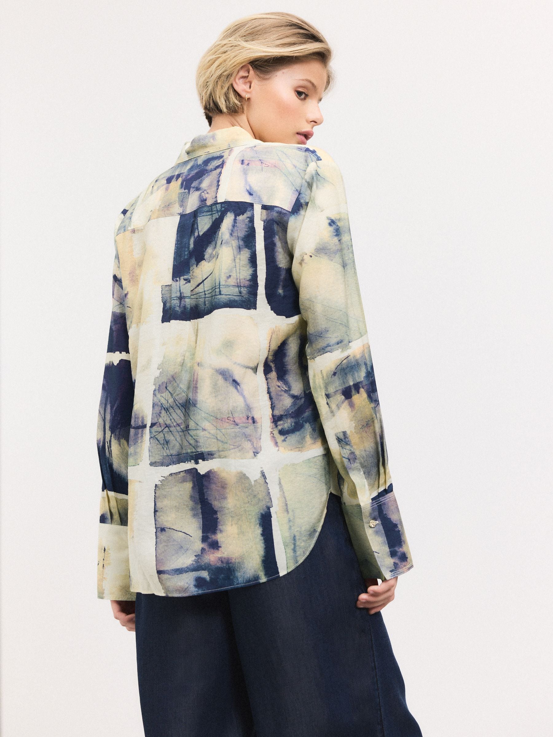 Marineblauw/Crème rasterprint - Overhemd met lange mouwen en knoopsluiting