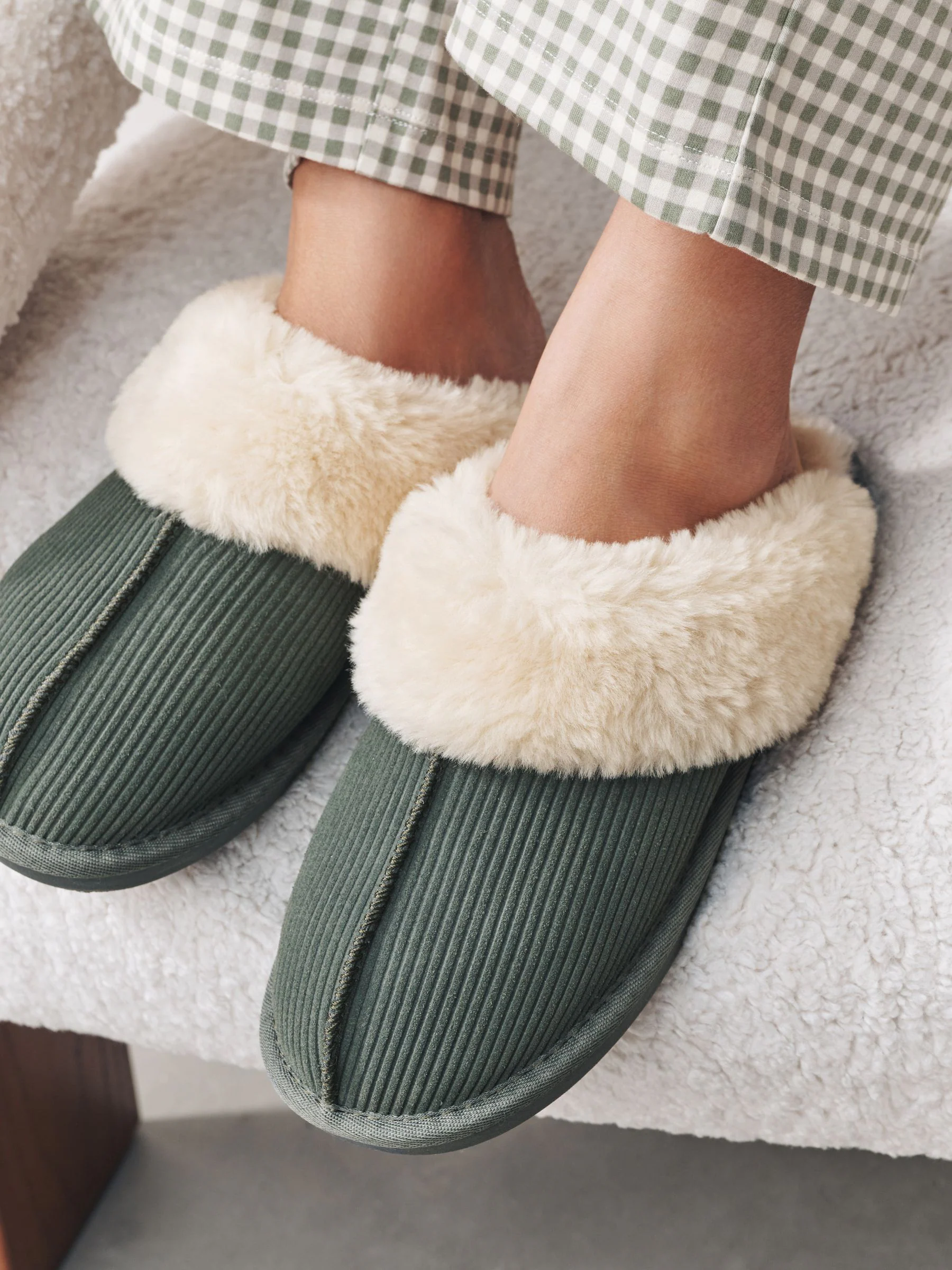 Khaki - Rib Suede Mule Slippers