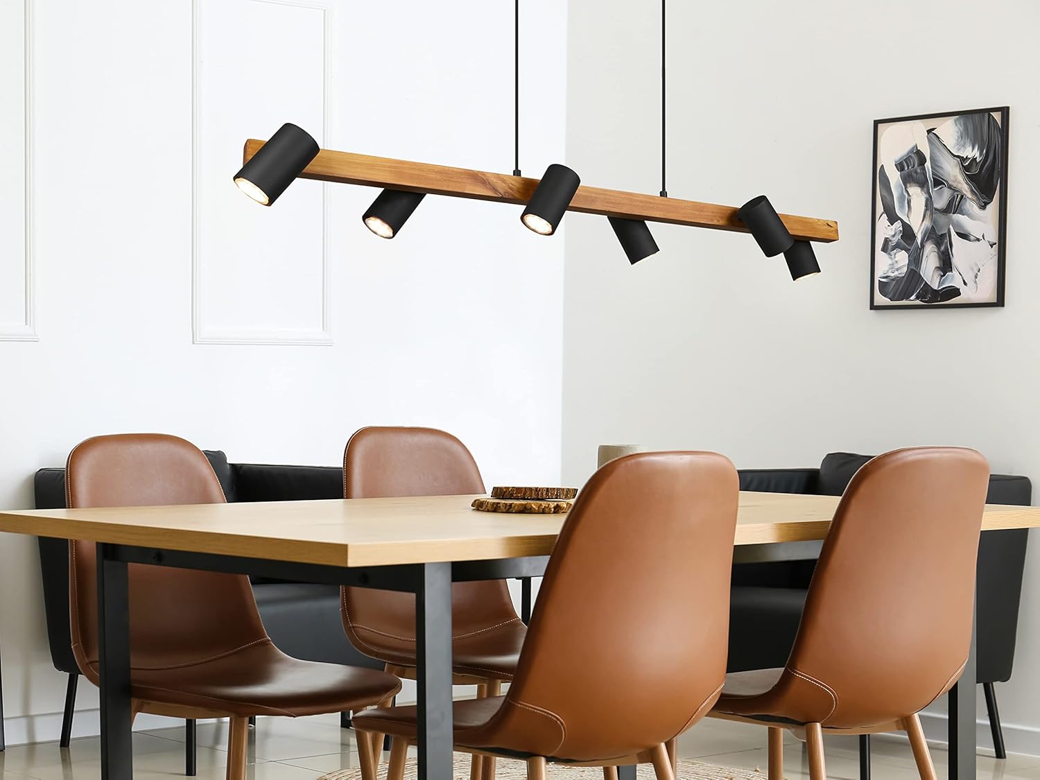 Trio Leuchten Pendelleuchte Marley 312490632,Metall Schwarz matt, Holz, exkl. 6x GU10