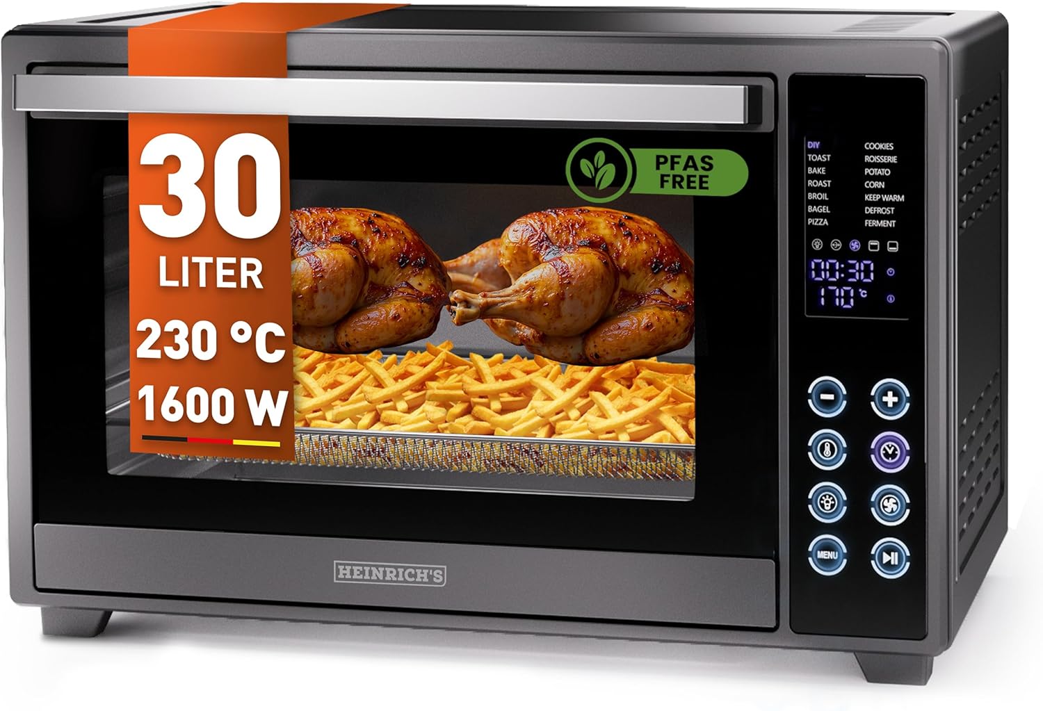 Heinrich´s Multibackofen, Minibackofen mit 30L Volumen, mit Umluft, inkl. 8h Timer, Innenraumbeleuchtung, einstellbar zwischen 100-230 °C, mit Touch-Bedienung, inkl. Zubehör, schwarz, 1600W