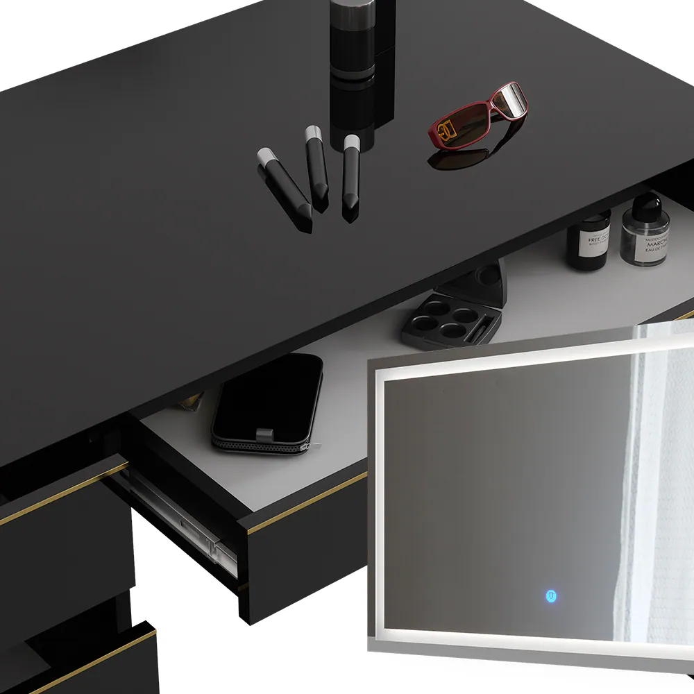 Vicco Schminktisch Sherry Schwarz Hochglanz Gold 120 x 75 cm 5 Schubladen LED-Spiegel