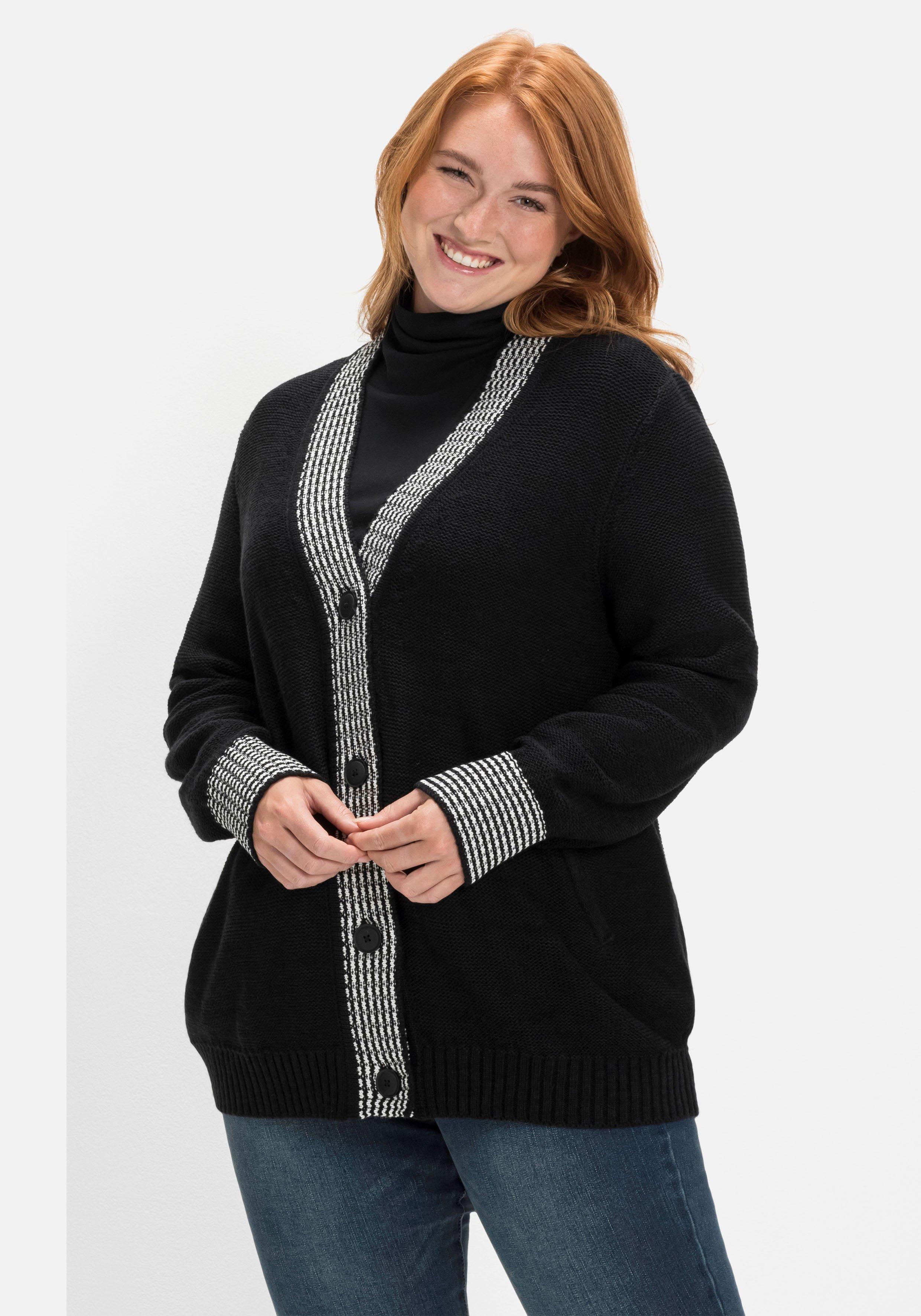 Strickjacke mit Kontrastdetails im Hahnentrittmuster