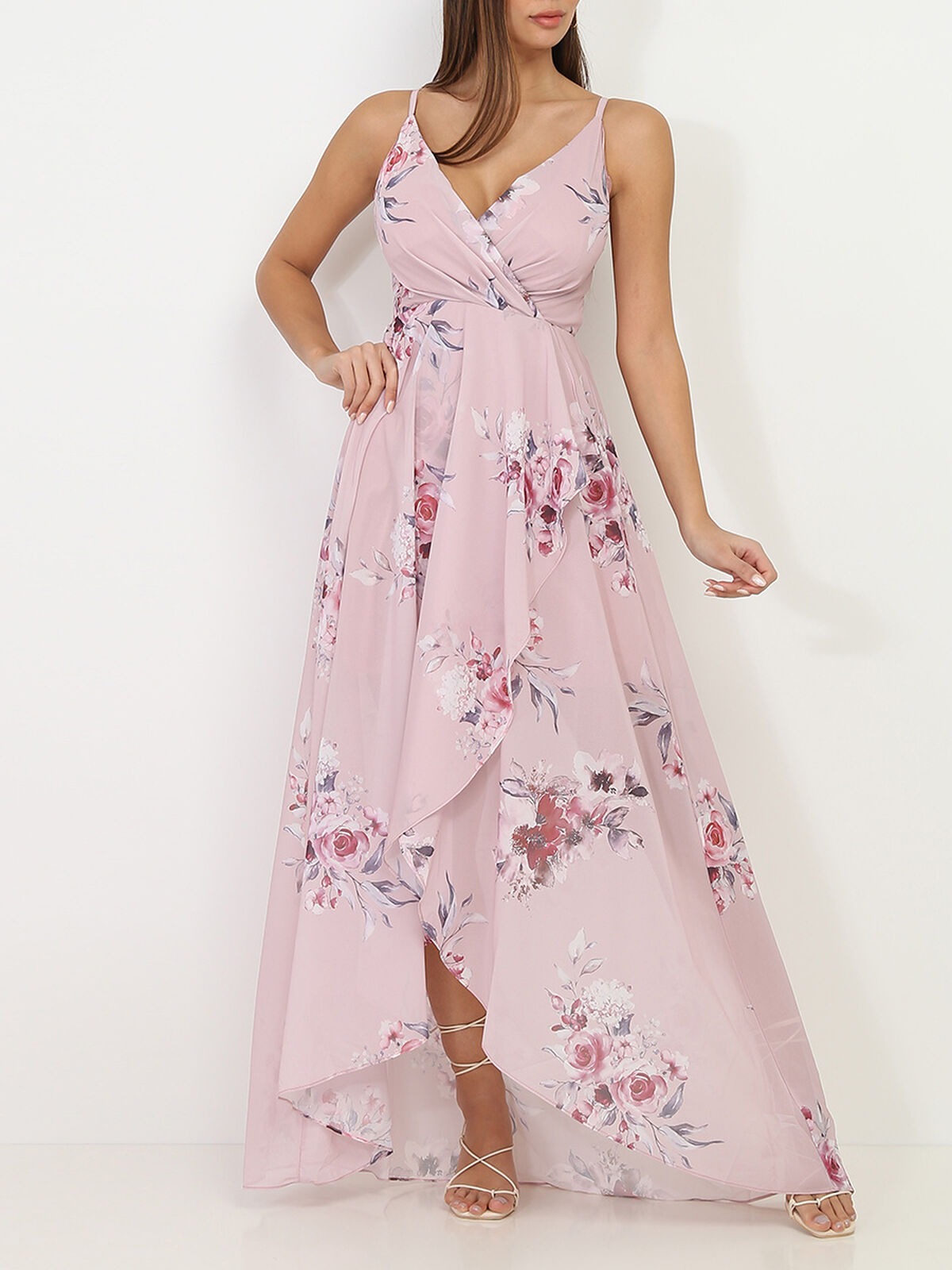 Robe longue fendue à fleurs romantiques- Vieux rose