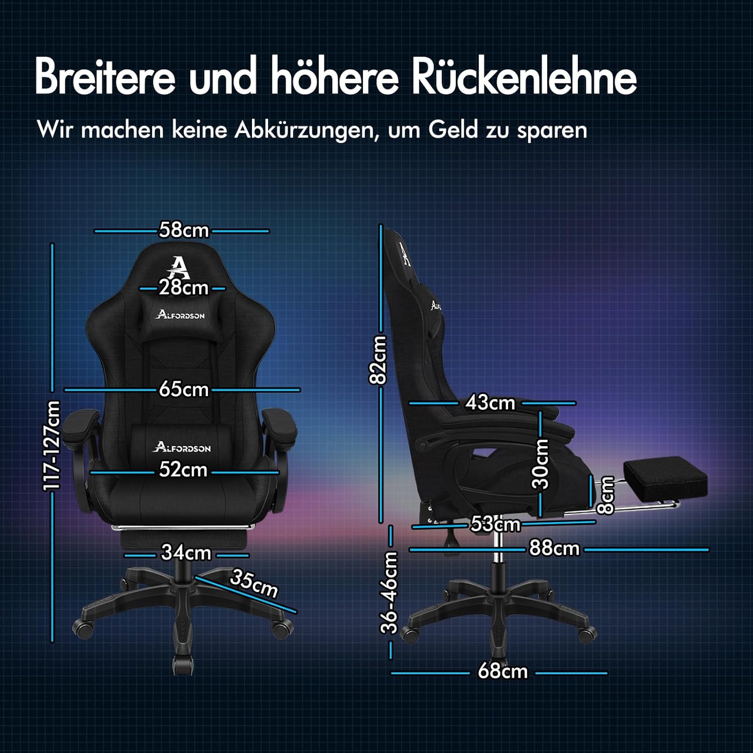 ALFORDSON Massage GamerStuhl, Computer Bürostuhl mit Fußstütze, 2-Punkt-Massage Stuhl 180kg Belastbarkeit, 90-150° Rückenlehne einstellbar Ergonomischer PC Stuhl, 360° drehbar, Leinenstoff, Schwarz