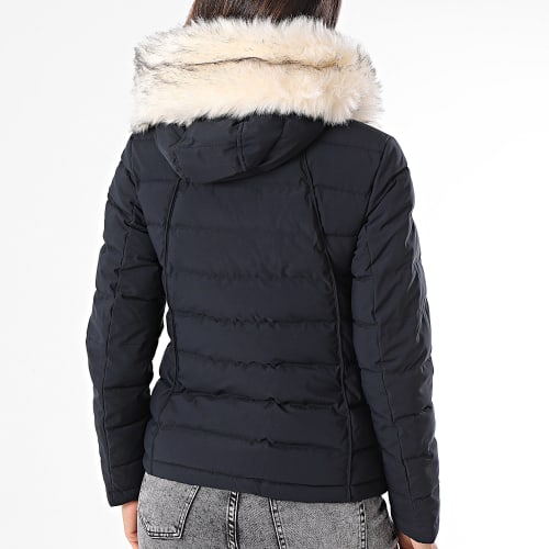 Doudoune Capuche Fourrure Chauffante Femme Budapest Bleu Marine Blanc