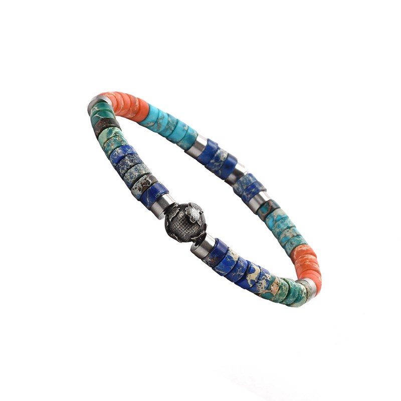 Bracelet Perles Heishi Pierres Naturelles Jaspe Impérial Bleu Ciel, Orange, Vert Et Bleu Planète Acier-XS-14cm