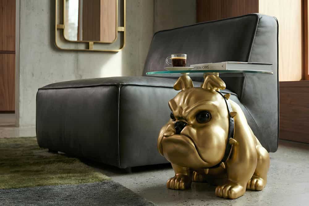Extravaganter Couchtisch BULLDOG 55cm gold rund Hunde-Skulptur mit Glasplatte