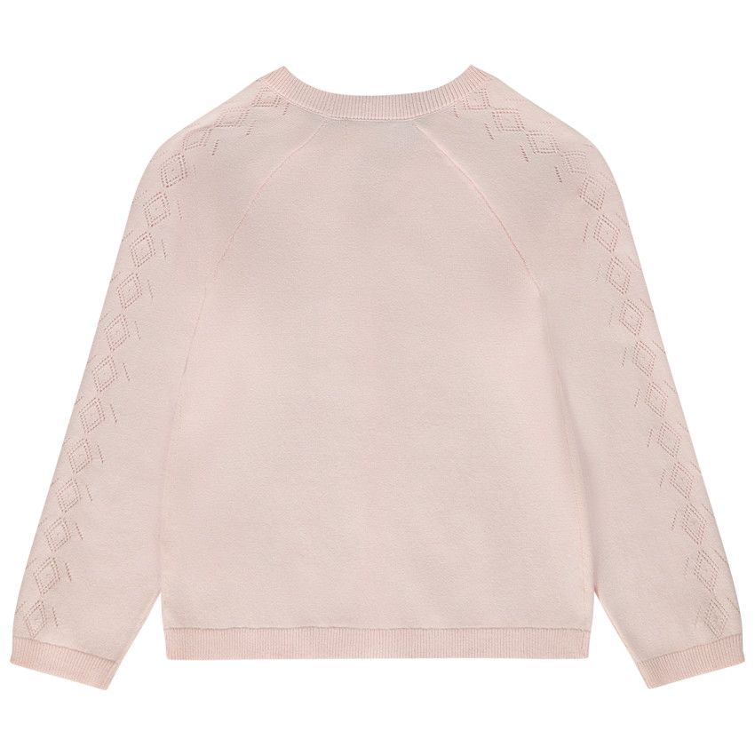 Gilet manches raglan en tricot pointelle pour fille - Rose