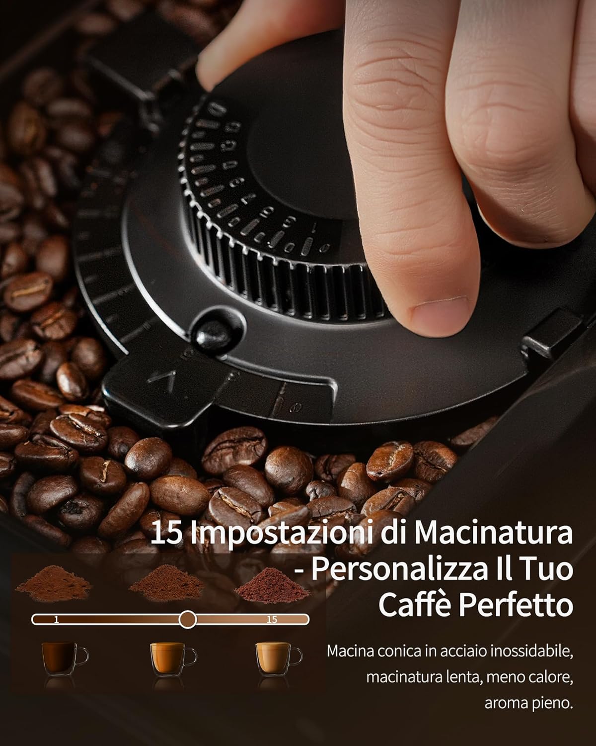Kaffeevollautomat mit Milchbehälter, 20 Bar, 15-stufiges Mahlwerk, Touchscreen, PID-Temperaturkontrolle, Automatische Reinigung, 5 Getränke auf Knopfdruck – Latte, Cappuccino & mehr,Kompakt