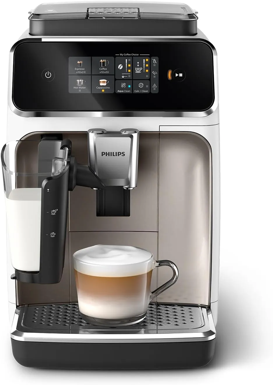 2300 Serie Vollautomatische Espressomaschine - 4 Getränke, modernes Farb-Touchscreen-Display, LatteGo-Milchsystem, SilentBrew, Keramikmahlwerk, AquaClean-Filter. Weißes Chrom (EP2333/40)