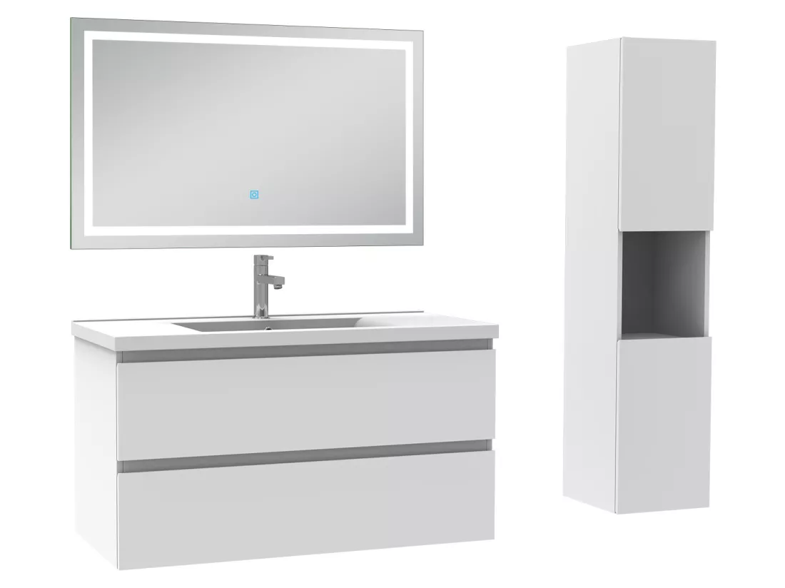 Ensemble meubles simple vasque 100cm, colonne + miroir lumineux Blanc - Aica