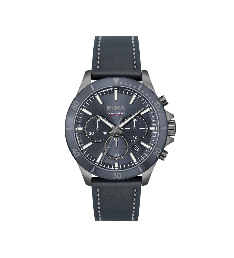 Relógio analógico BOSS com pulseira de couro, cor azul marinho.
