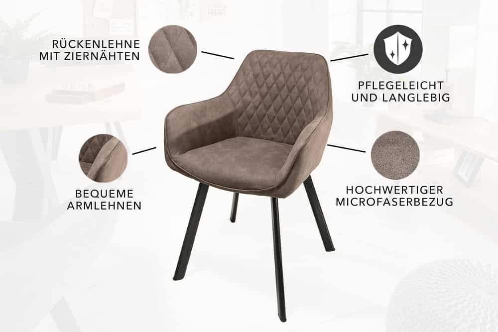 Retro Stuhl PALERMO taupe mit Armlehne und Ziersteppung