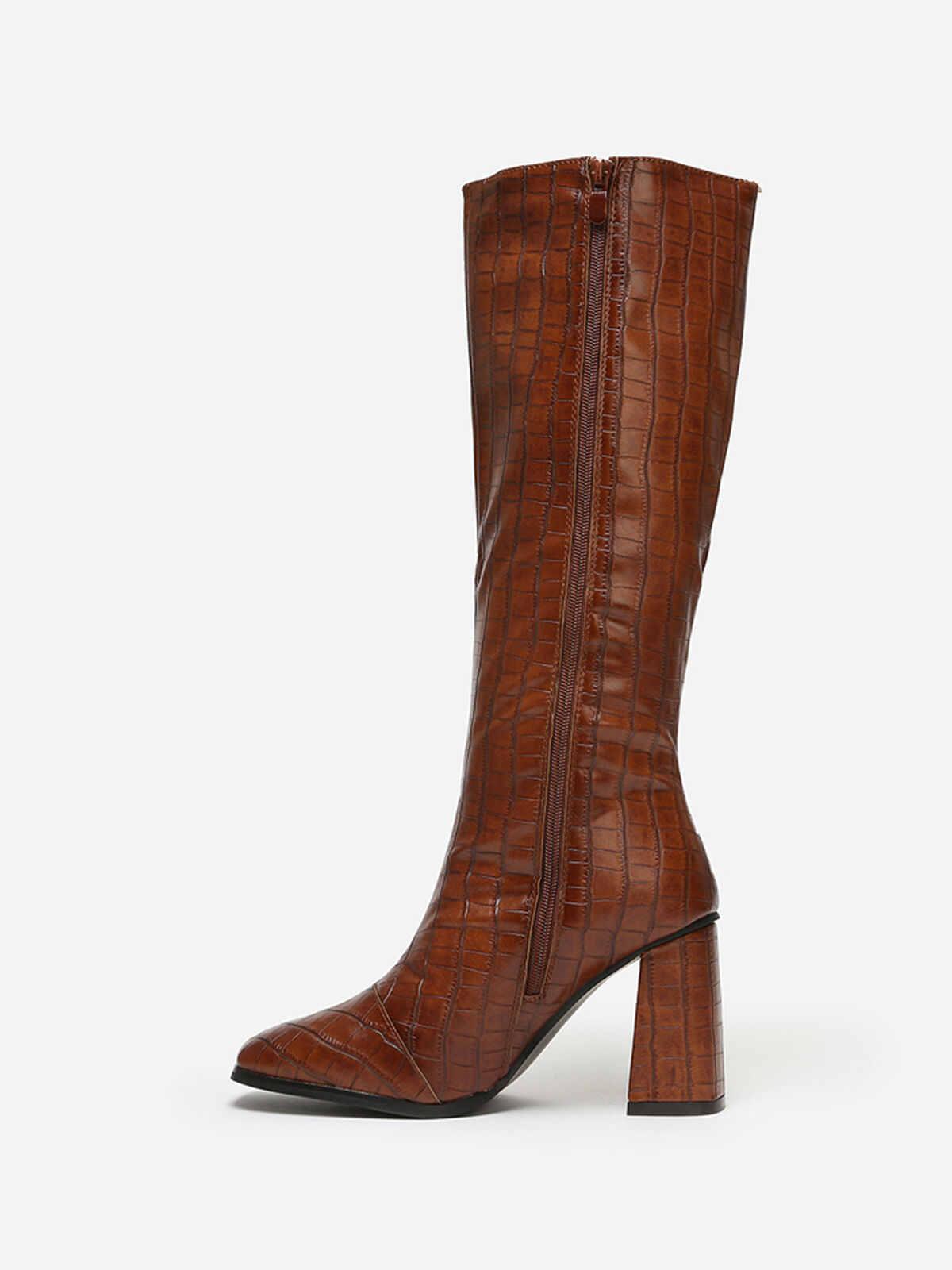 Bottes effet croco à bout carré- Marron